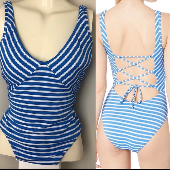 Ralph Lauren Blue Mitered Mio Stripe Lace Back One-Piece Swimwear Size M - Picture 2 of 10